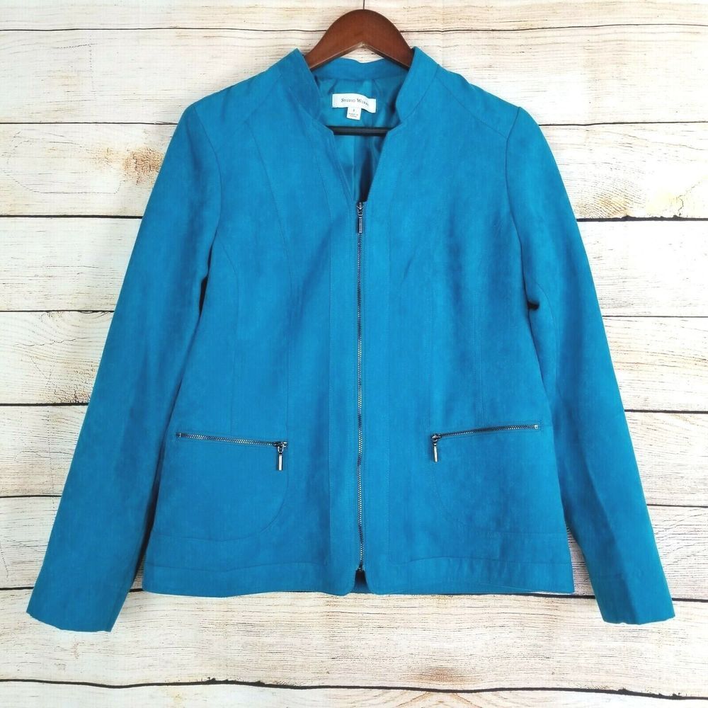 Studio Works Womens Jacket Size 8 Teal Blue Zipper Front Pockets Soft Work